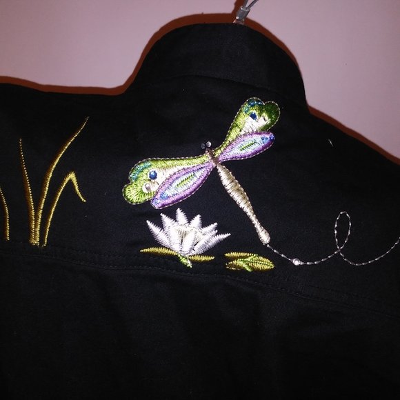 Quacker Factory Jacket Womens Large Black Embroidered Colorful Dragonfly Long Sl - Picture 14 of 16